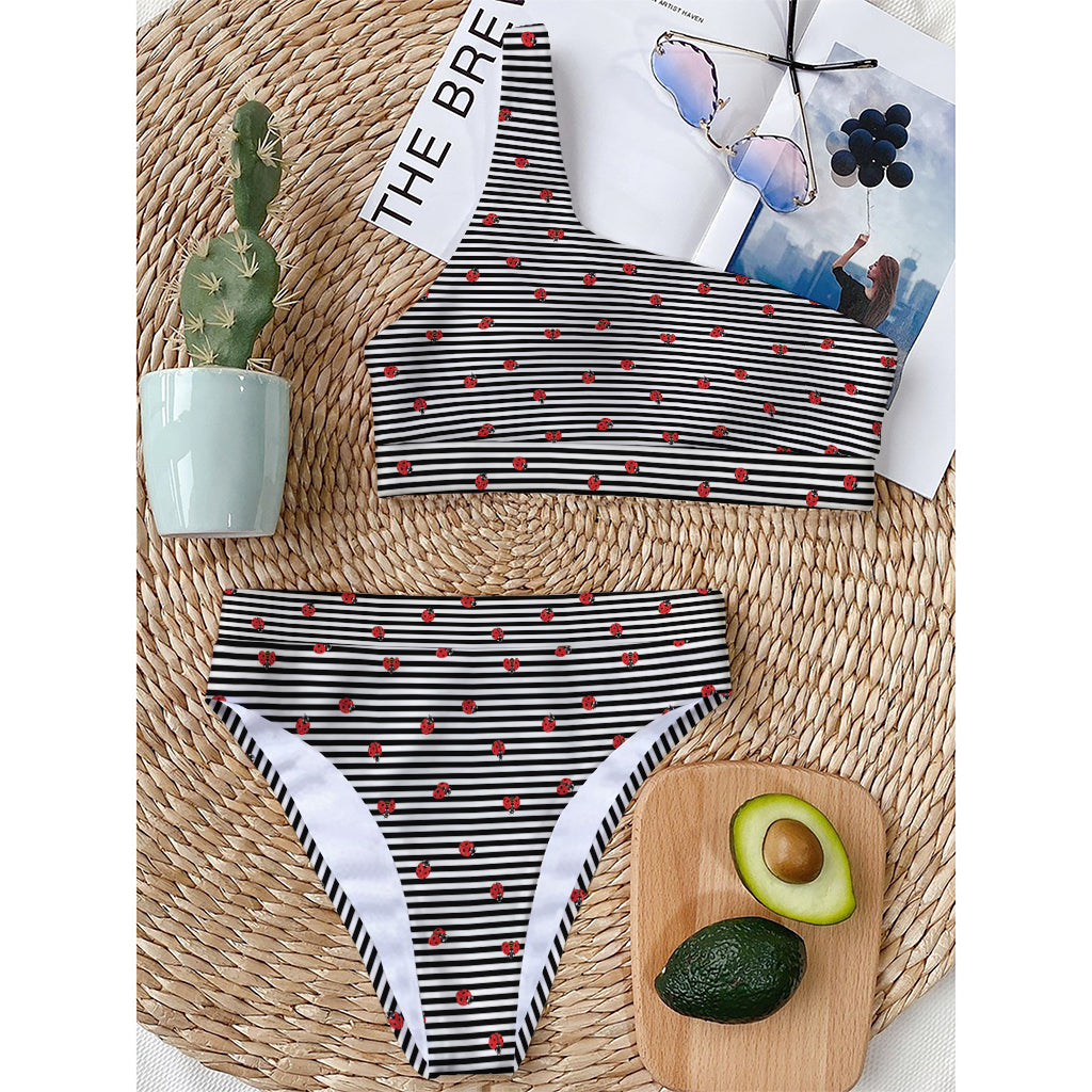 Ladybug Striped Pattern Print One Shoulder Bikini Top