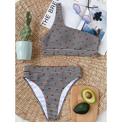Ladybug Striped Pattern Print One Shoulder Bikini Top