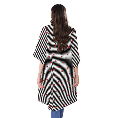 Ladybug Striped Pattern Print Open Front Beach Cover Up