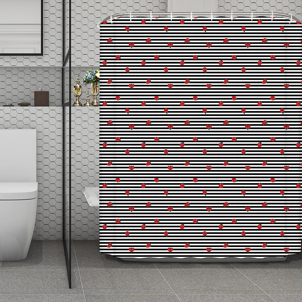 Ladybug Striped Pattern Print Polyester Shower Curtain