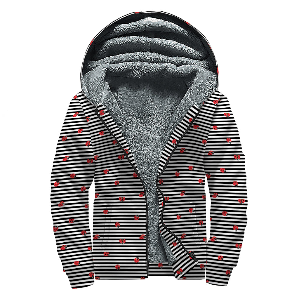 Ladybug Striped Pattern Print Sherpa Lined Zip Up Hoodie