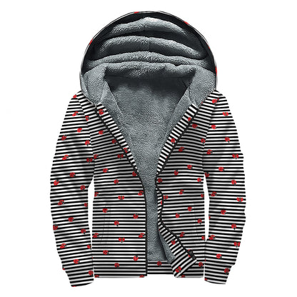 Ladybug Striped Pattern Print Sherpa Lined Zip Up Hoodie