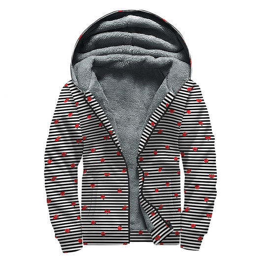 Ladybug Striped Pattern Print Sherpa Lined Zip Up Hoodie