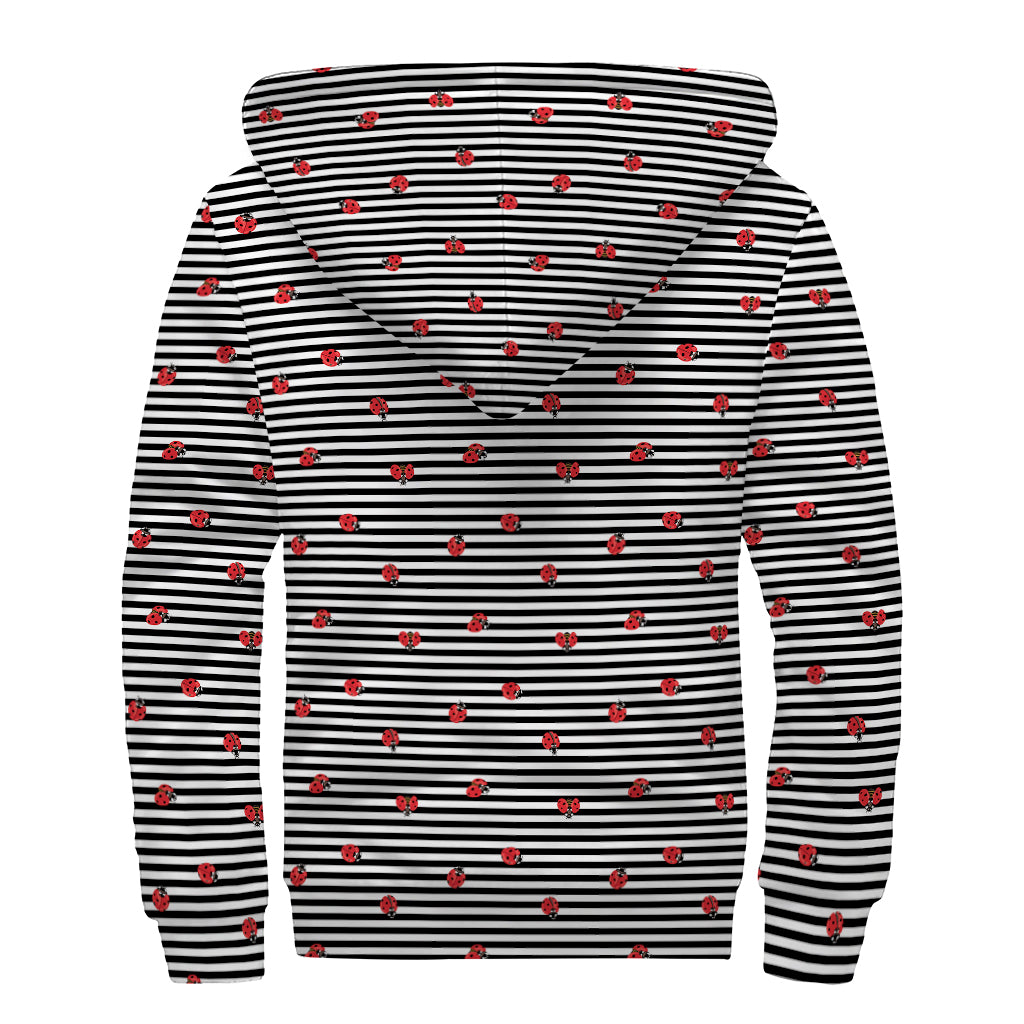 Ladybug Striped Pattern Print Sherpa Lined Zip Up Hoodie