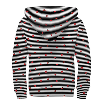 Ladybug Striped Pattern Print Sherpa Lined Zip Up Hoodie