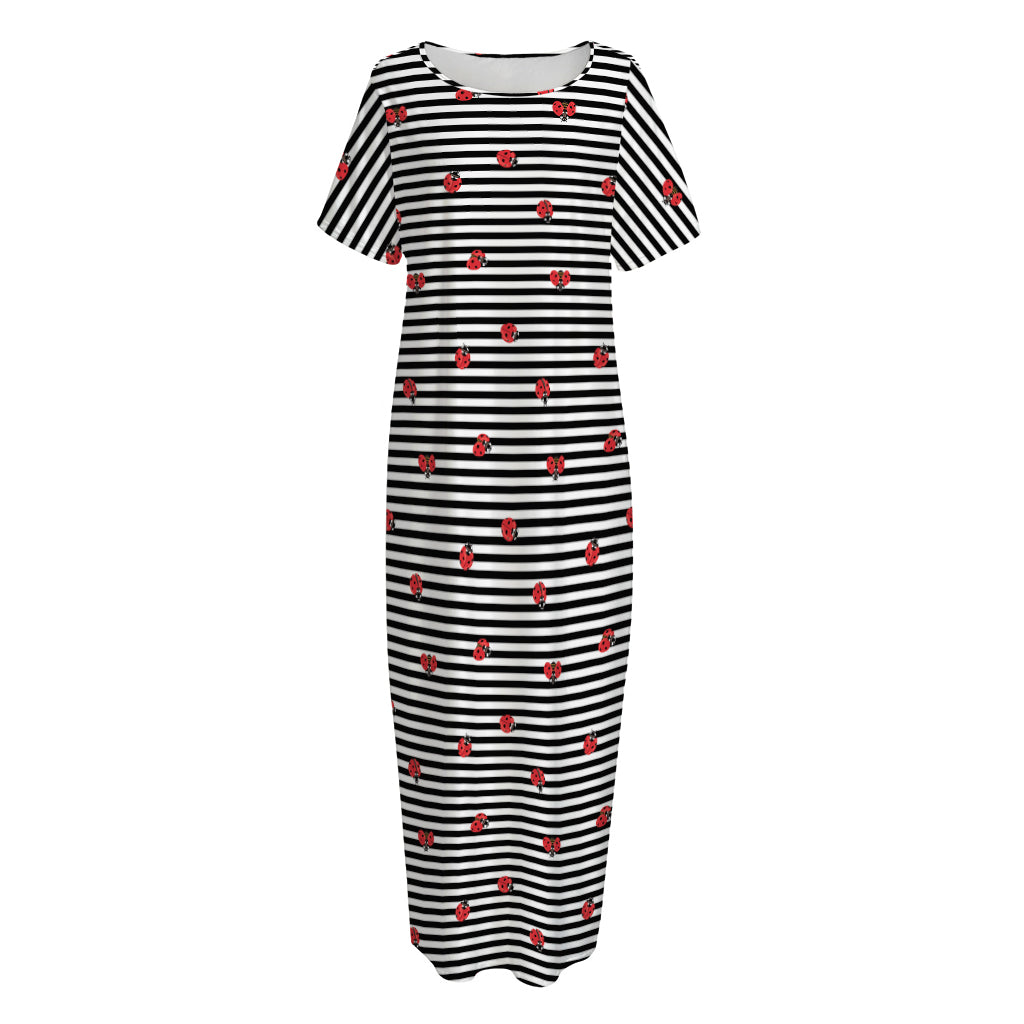 Ladybug Striped Pattern Print Short Sleeve Long Nightdress