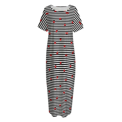 Ladybug Striped Pattern Print Short Sleeve Long Nightdress
