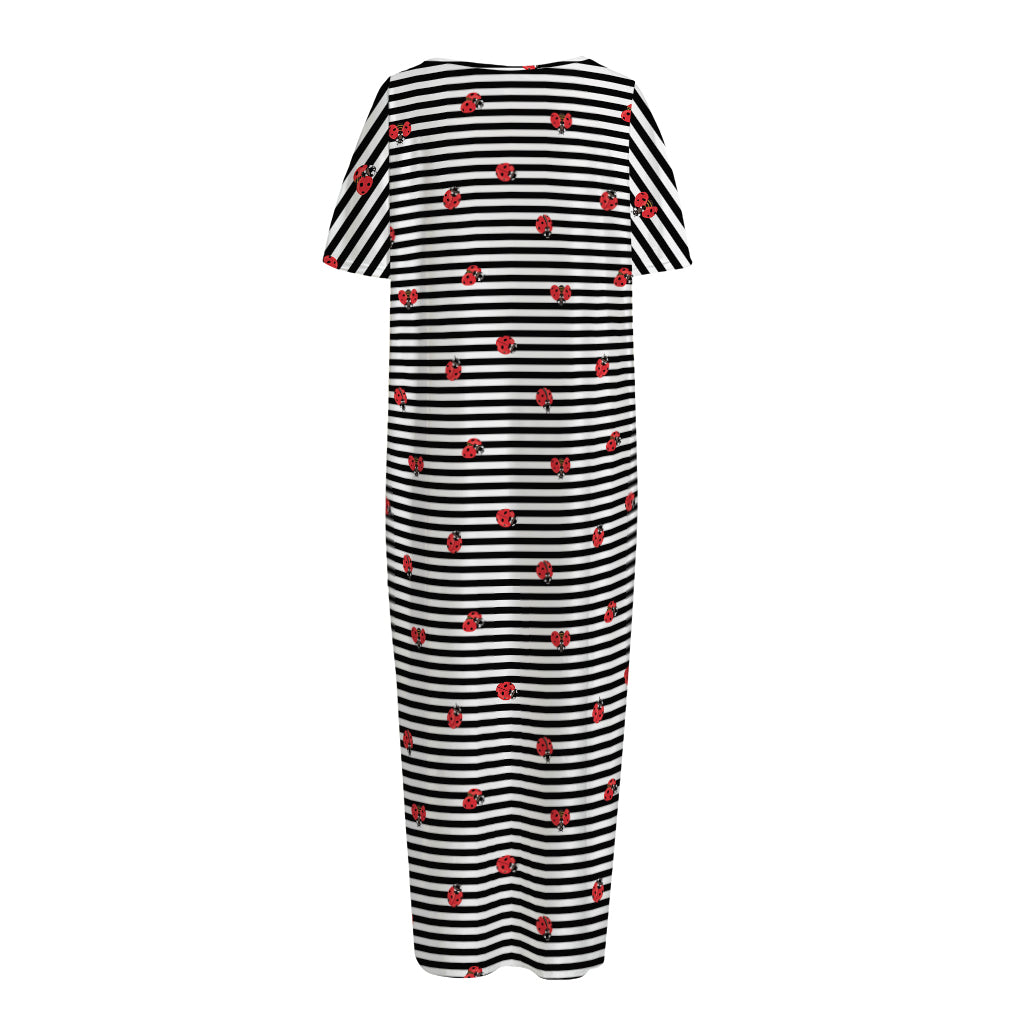 Ladybug Striped Pattern Print Short Sleeve Long Nightdress