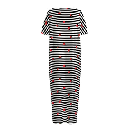 Ladybug Striped Pattern Print Short Sleeve Long Nightdress