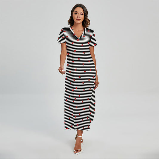 Ladybug Striped Pattern Print Short Sleeve Maxi Dress