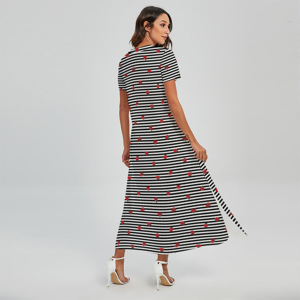 Ladybug Striped Pattern Print Short Sleeve Maxi Dress