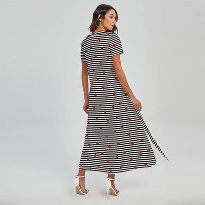 Ladybug Striped Pattern Print Short Sleeve Maxi Dress