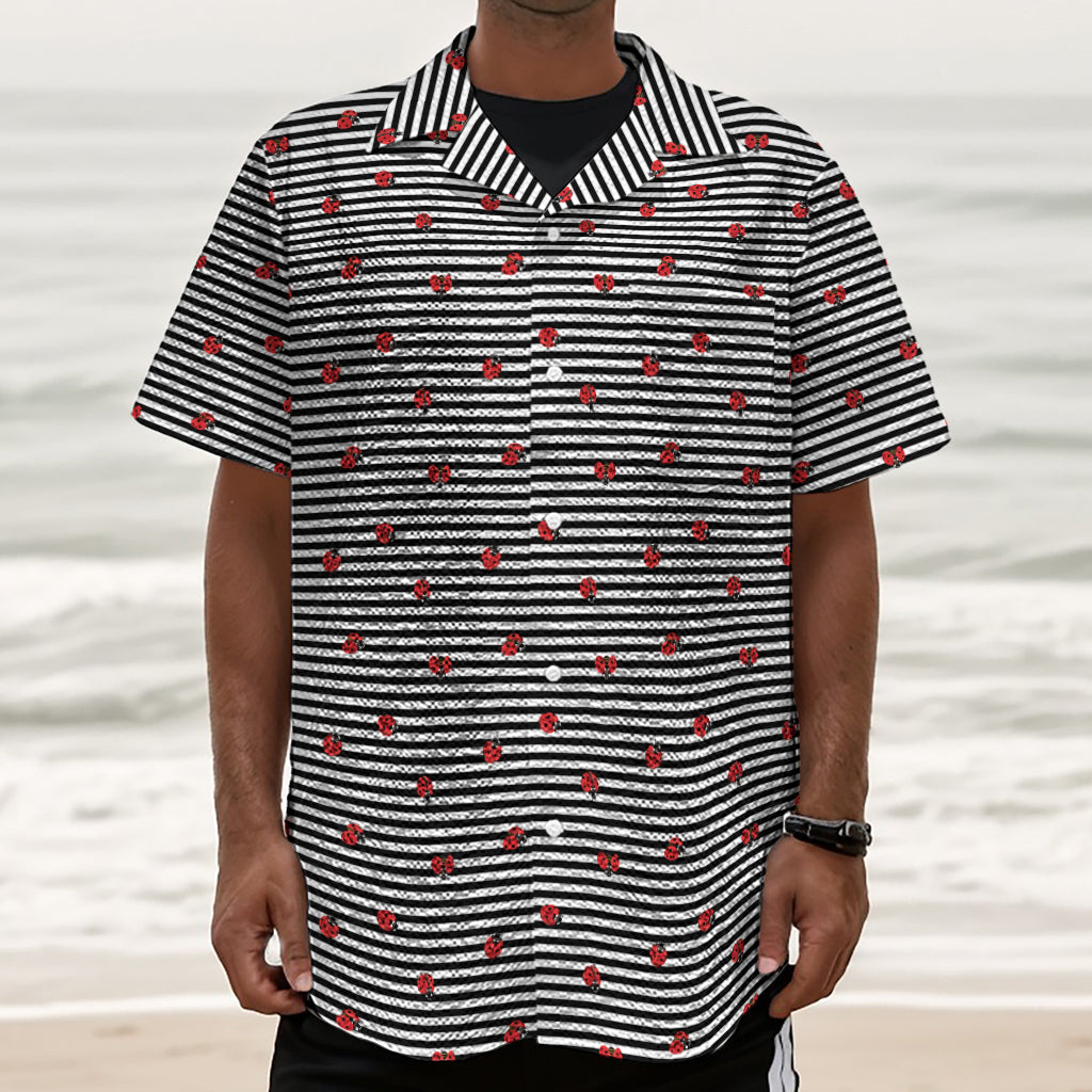 Ladybug Striped Pattern Print Textured Short Sleeve Shirt