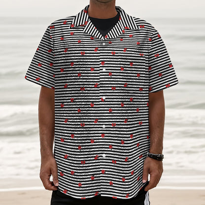 Ladybug Striped Pattern Print Textured Short Sleeve Shirt
