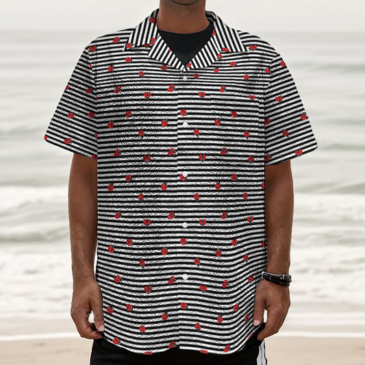 Ladybug Striped Pattern Print Textured Short Sleeve Shirt