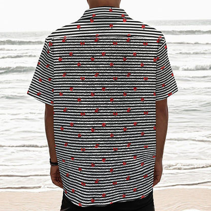 Ladybug Striped Pattern Print Textured Short Sleeve Shirt
