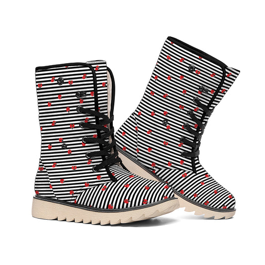 Ladybug Striped Pattern Print Winter Boots