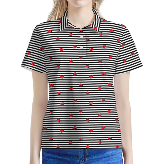 Ladybug Striped Pattern Print Women's Polo Shirt