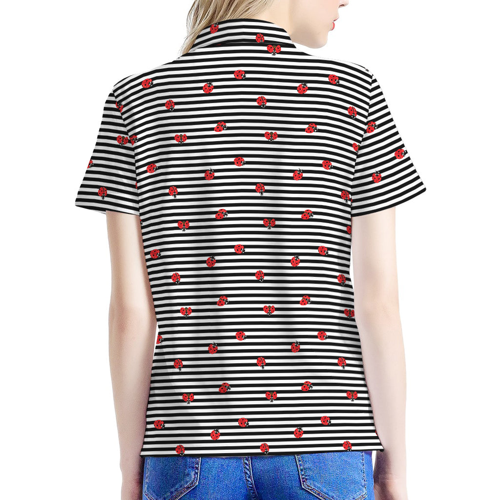Ladybug Striped Pattern Print Women's Polo Shirt