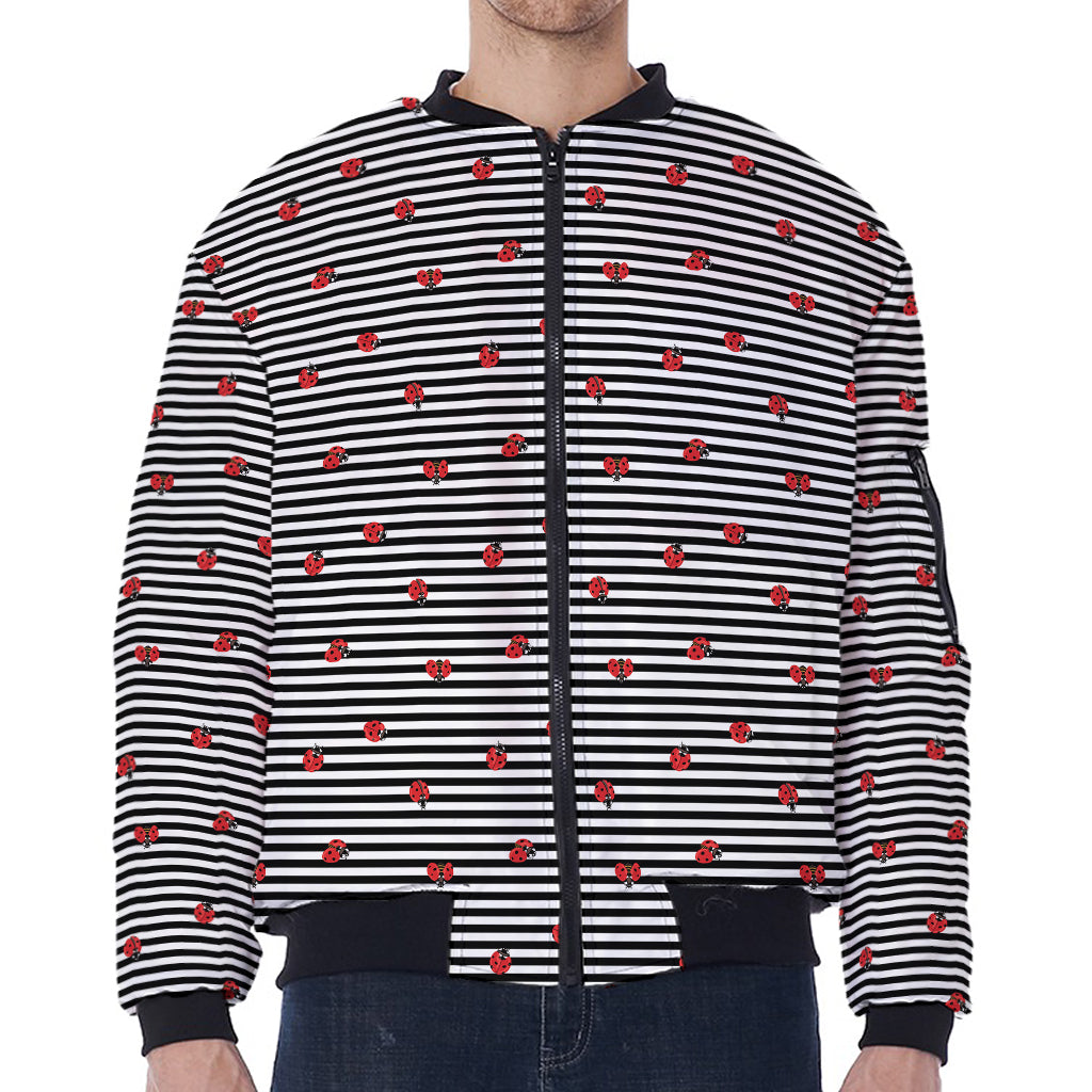 Ladybug Striped Pattern Print Zip Sleeve Bomber Jacket