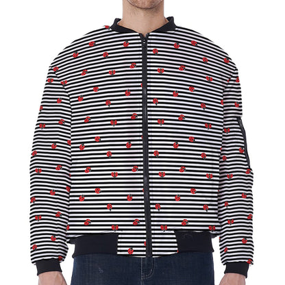 Ladybug Striped Pattern Print Zip Sleeve Bomber Jacket