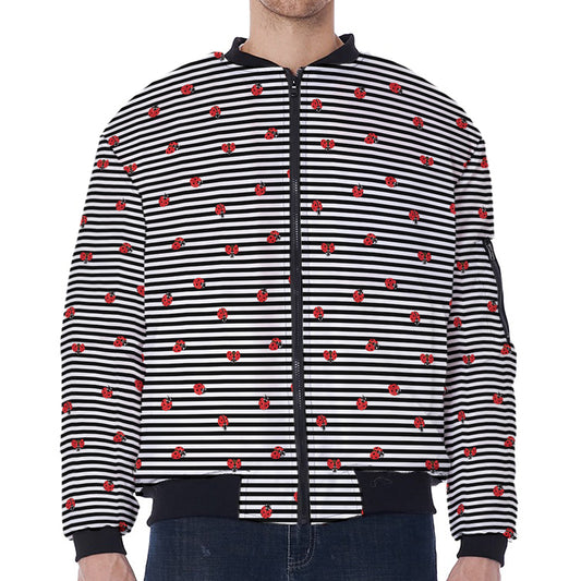 Ladybug Striped Pattern Print Zip Sleeve Bomber Jacket