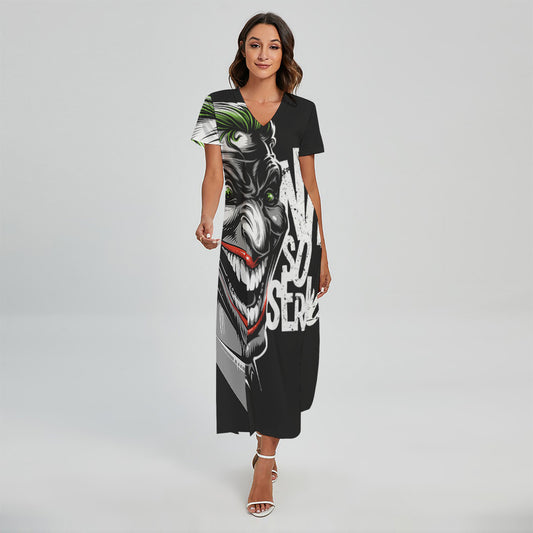 Laughing Joker Why So Serious Print Short Sleeve Maxi Dress
