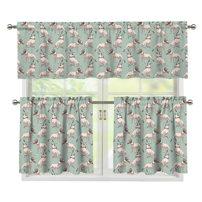 Laurel Green Bull Terrier Pattern Print 3 Piece Kitchen Curtains