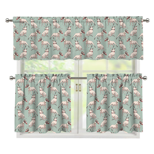Laurel Green Bull Terrier Pattern Print 3 Piece Kitchen Curtains