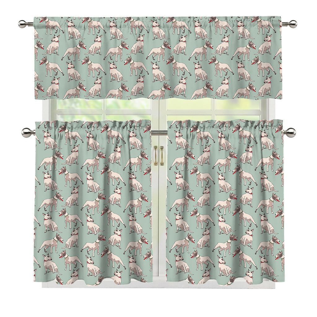 Laurel Green Bull Terrier Pattern Print 3 Piece Kitchen Curtains