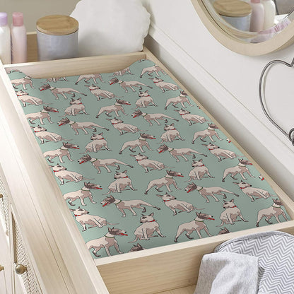 Laurel Green Bull Terrier Pattern Print Changing Pad Cover