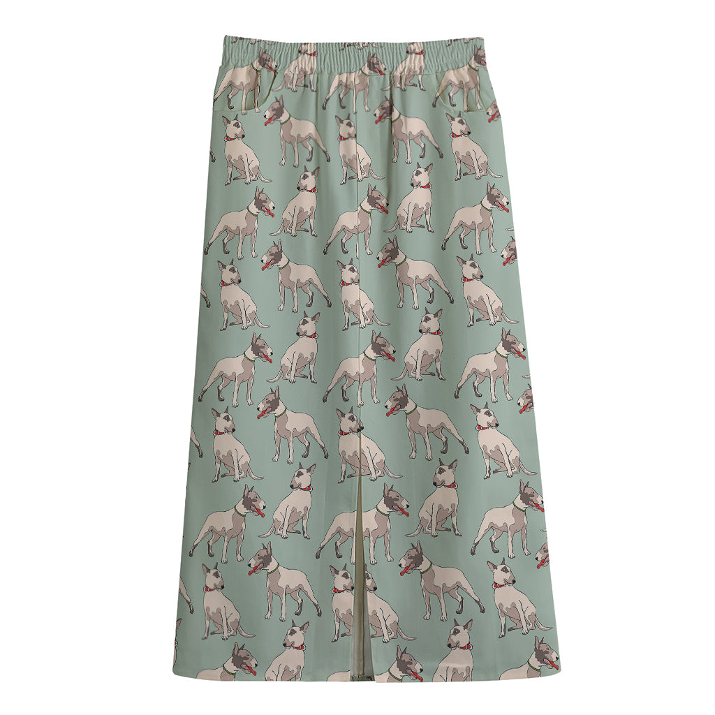 Laurel Green Bull Terrier Pattern Print Cotton Front Slit Maxi Skirt