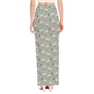 Laurel Green Bull Terrier Pattern Print High Slit Maxi Skirt