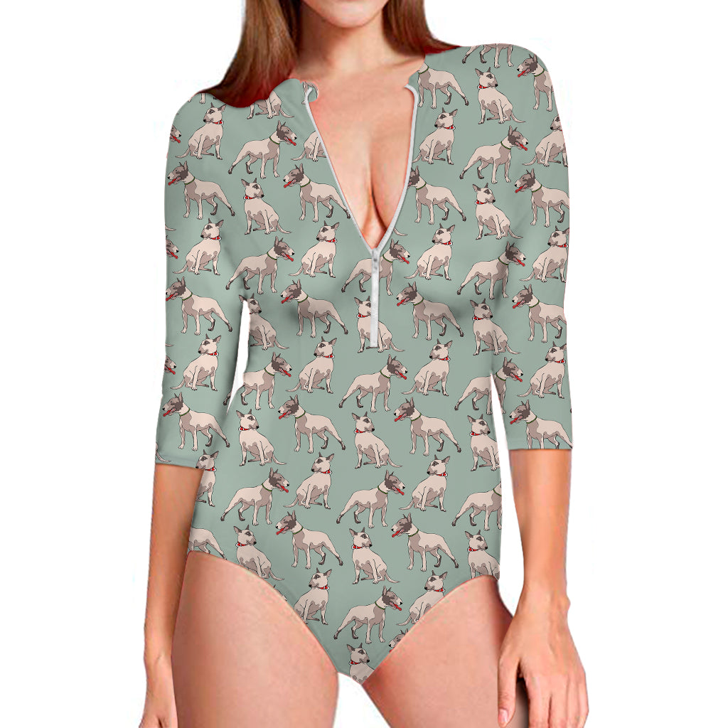 Laurel Green Bull Terrier Pattern Print Long Sleeve Swimsuit