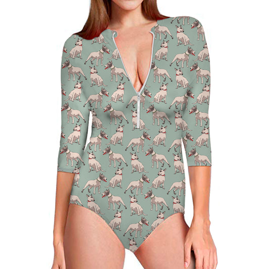 Laurel Green Bull Terrier Pattern Print Long Sleeve Swimsuit