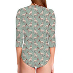 Laurel Green Bull Terrier Pattern Print Long Sleeve Swimsuit