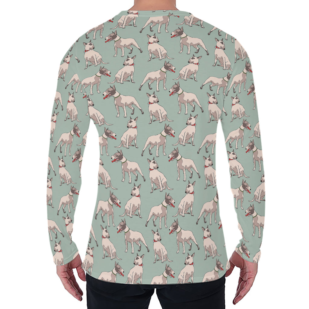 Laurel Green Bull Terrier Pattern Print Men's Long Sleeve T-Shirt