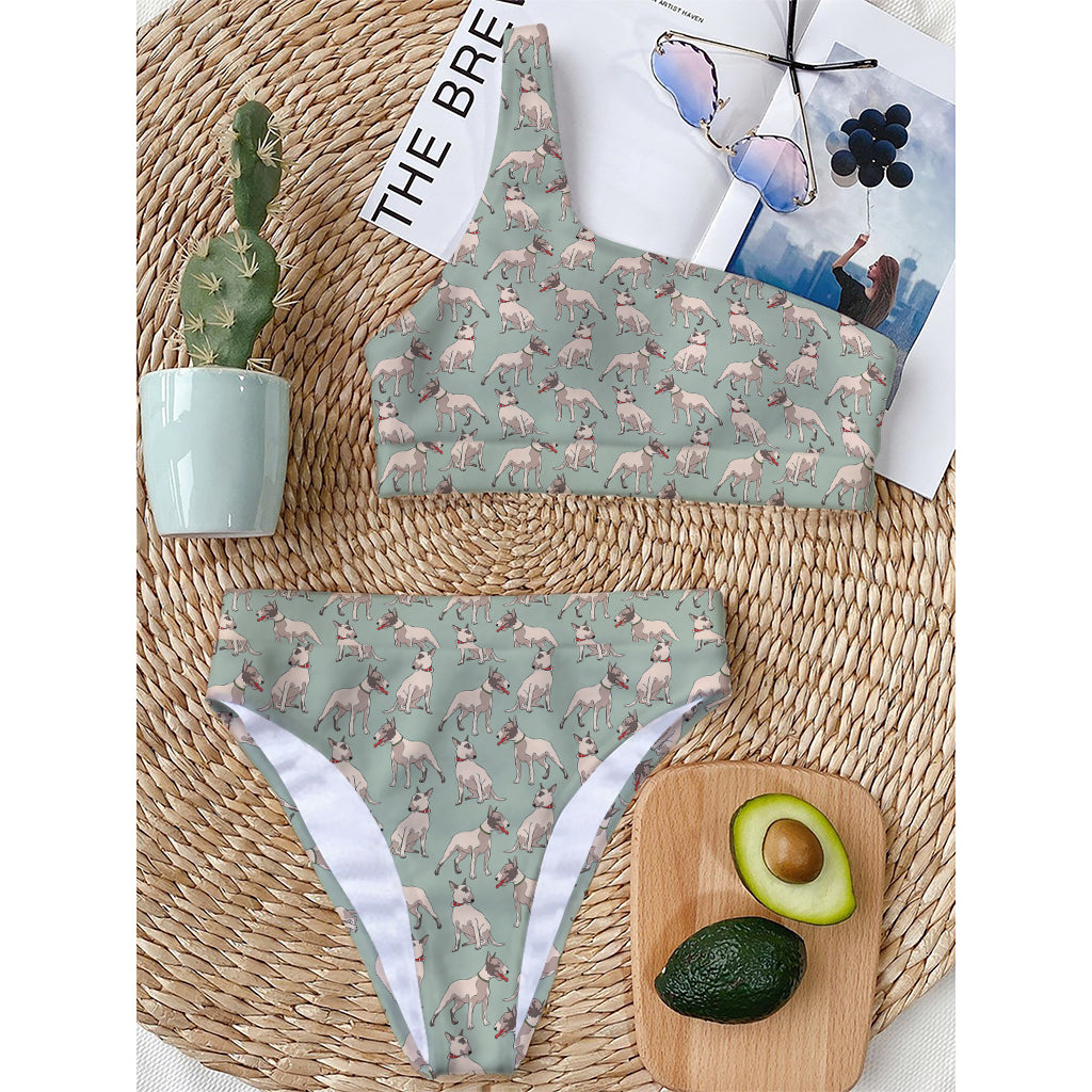 Laurel Green Bull Terrier Pattern Print One Shoulder Bikini Top