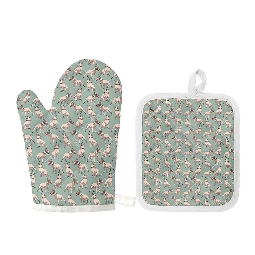 Laurel Green Bull Terrier Pattern Print Oven Mitt And Pot Holder Set