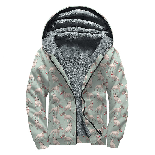 Laurel Green Bull Terrier Pattern Print Sherpa Lined Zip Up Hoodie