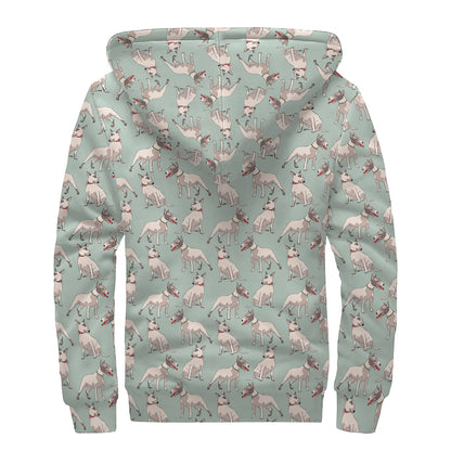 Laurel Green Bull Terrier Pattern Print Sherpa Lined Zip Up Hoodie