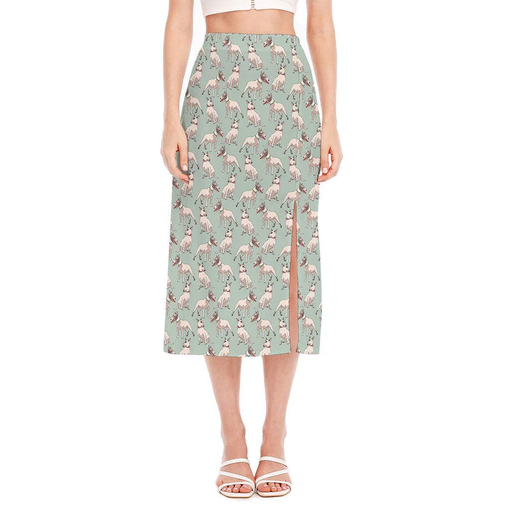 Laurel Green Bull Terrier Pattern Print Side Slit Midi Skirt