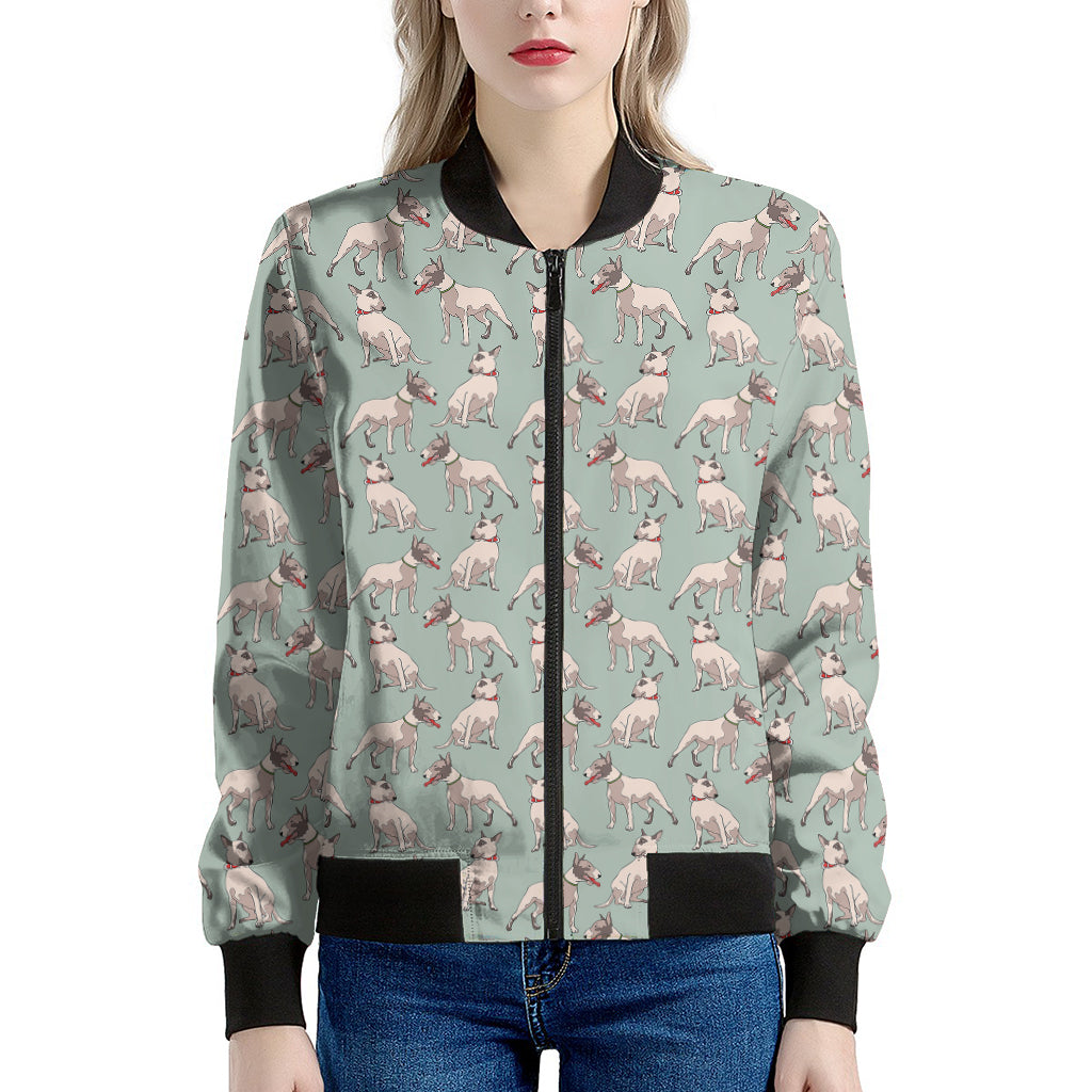 Laurel Green Bull Terrier Pattern Print Women's Bomber Jacket