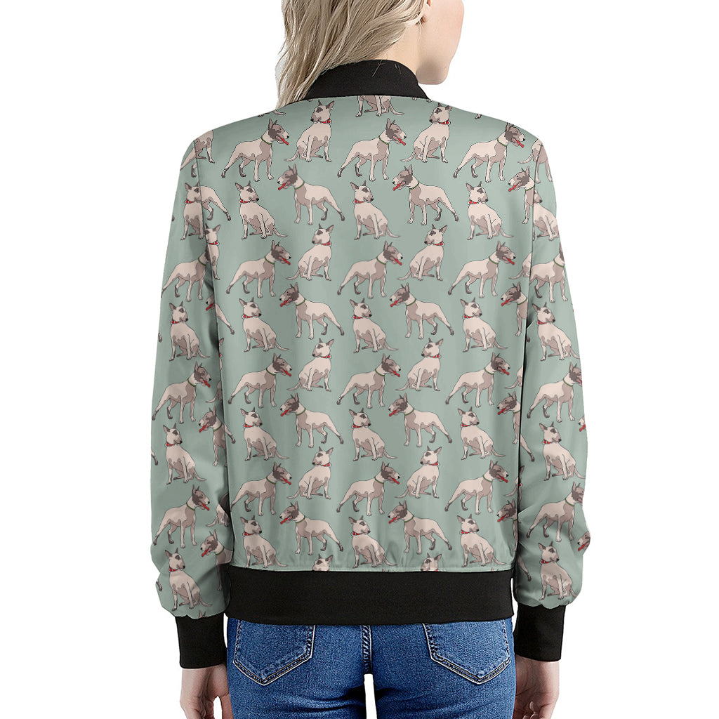 Laurel Green Bull Terrier Pattern Print Women's Bomber Jacket