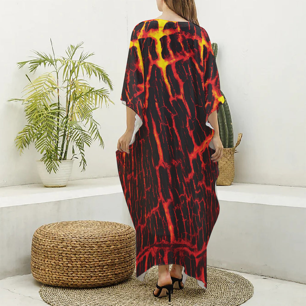 Lava Burning Print Silk V-Neck Kaftan Dress