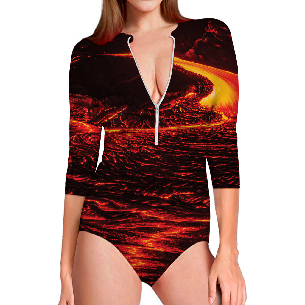 Lava Flow Print Long Sleeve Swimsuit