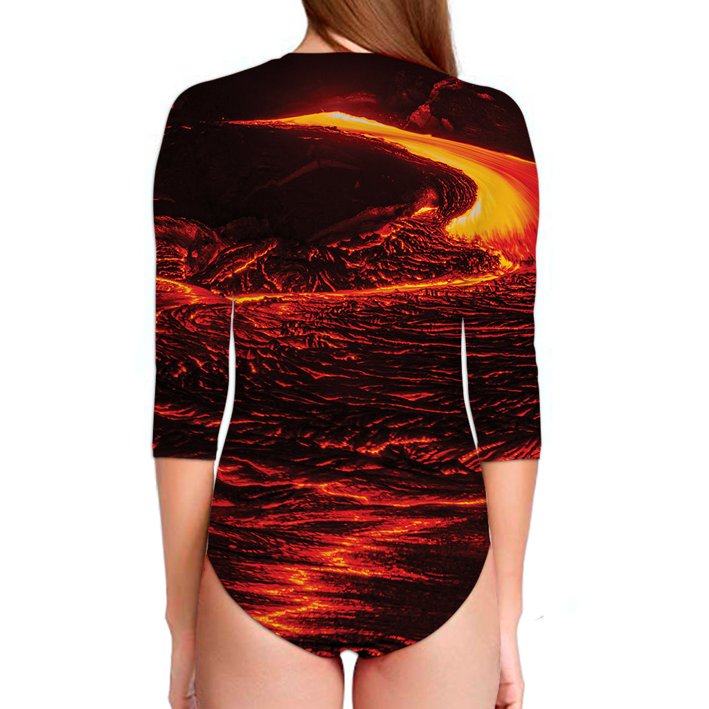 Lava Flow Print Long Sleeve Swimsuit