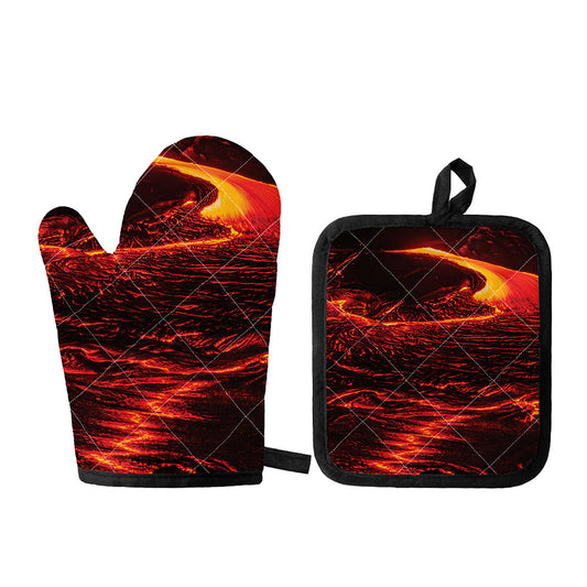 Lava Flow Print Oven Mitt And Pot Holder Set