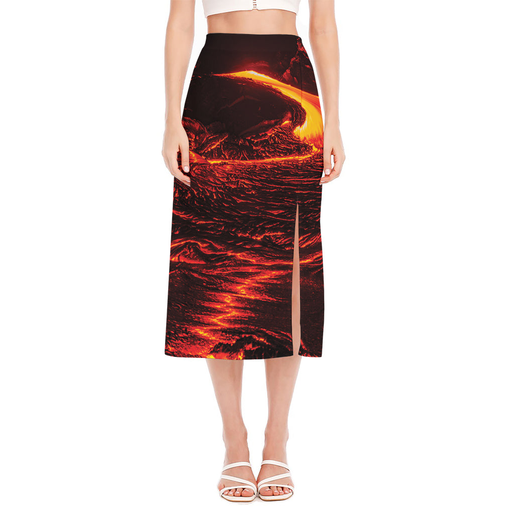 Lava Flow Print Side Slit Midi Skirt