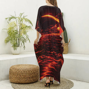 Lava Flow Print Silk V-Neck Kaftan Dress